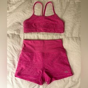 Alo Soft High Waist Shorts & Bra in Neon Space Dye Pink